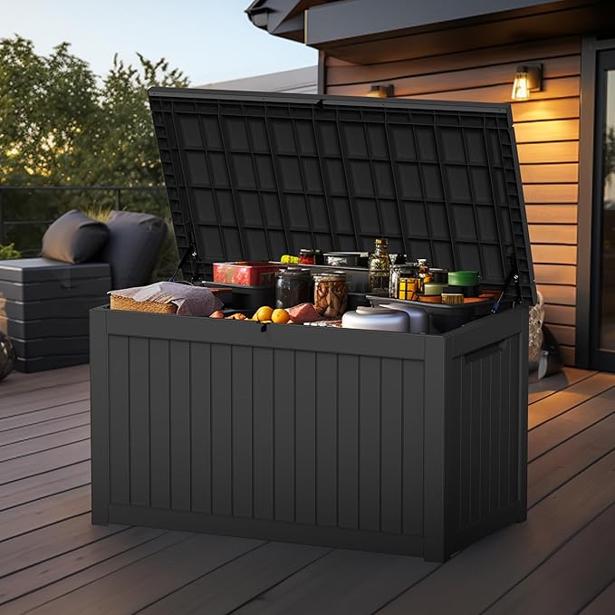 Vixzen 280 Gallon Resin Deck Box, Lockable Outdoor Storage Box for Patio Cushions Storage Furniture,Garden Tools, Pool Supplies, Weatherproof and UV Resistant（Black，280 Gallon）