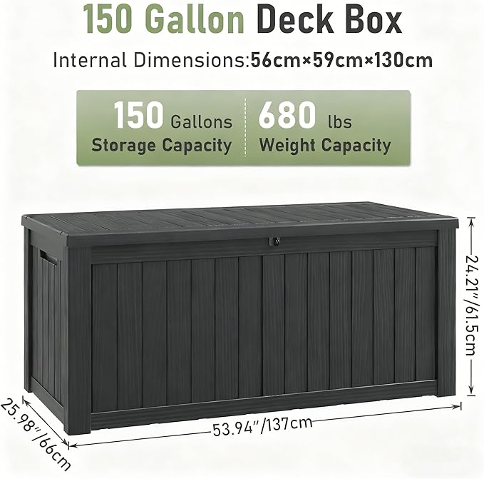 Oudoor Storage Deck Boxes Waterproof, Waterproof and UV Resistant Outdoor Storage Box Lockable Lid for Delivery Box, Indoor, Garden Tools, Pool Supplies, Patio (Black, 150 Gallon)