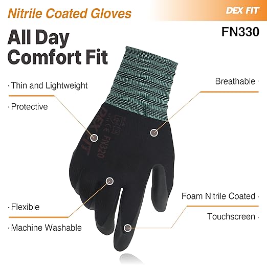 DEX FIT Nitrile Work Gloves FN330, 3D-Comfort Stretchy Fit, Firm Grip, Thin & Lightweight, Touch-Screen Compatible, Durable, Breathable & Cool, Machine Washable; Black M (8) 3 Pairs