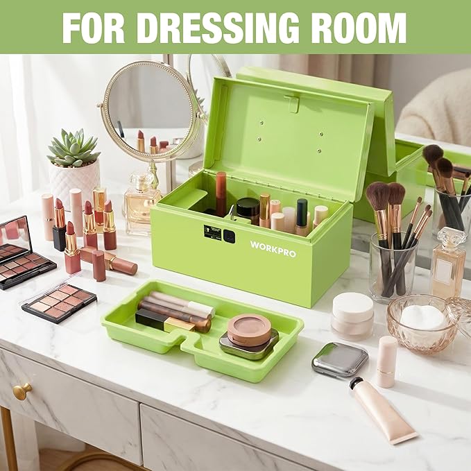 WORKPRO 10.8" Portable Mini Metal Tool Box with Removable Color-Matching Tray, One-Button Latch Toolbox, Steel Tool Chest with PP Handle, Compact Storage Organizer for Home, Office or Workshop
