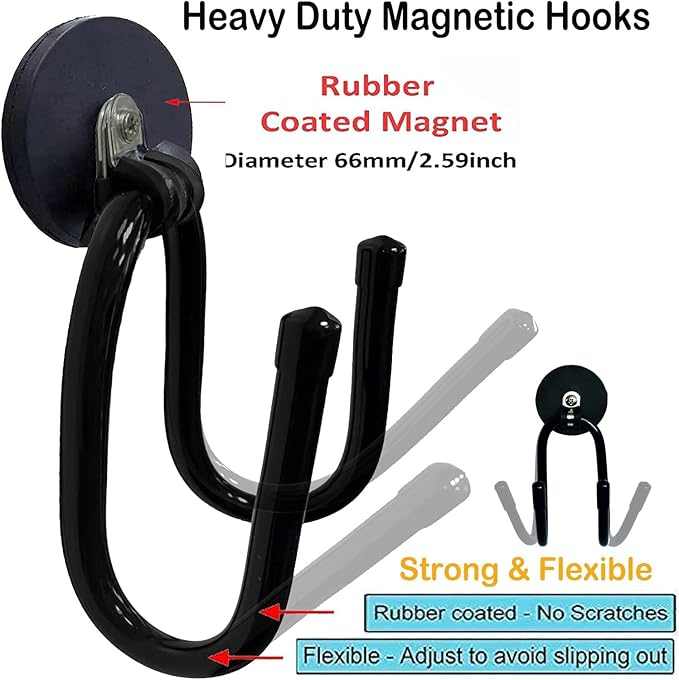 Pmsanzay 2 Pack Strong Magnetic Garage Storage Hooks, Heavy Duty Magnet Organizer Hooks with Rubber Coating for Garden Tools, Hose,Workshop,Pool Tools,for Indoor & Outdoor Hanging (Black)