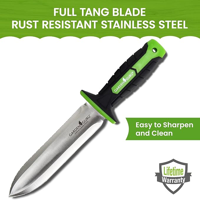 Garden Guru Hori Hori Garden Knife with Ergonomic Handle for Weeding, Digging, Pruning & Cultivating, Stainless Steel Blade with Serrated Edge & Depth Markings for Measuring Planting Depth (2 Pack)