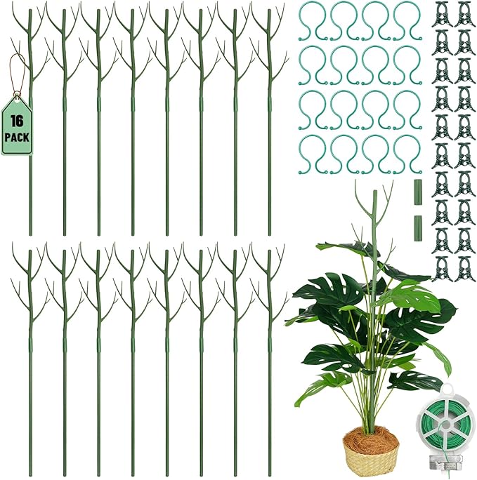 16 Pack Stackable Monstera Plant Support, 27.5 Inch Climbing Plants Support Structures for Indoor Outdoor Plants, 20 Orchid Clips & 16 Twist Clips & 65.5ft Twist Ties