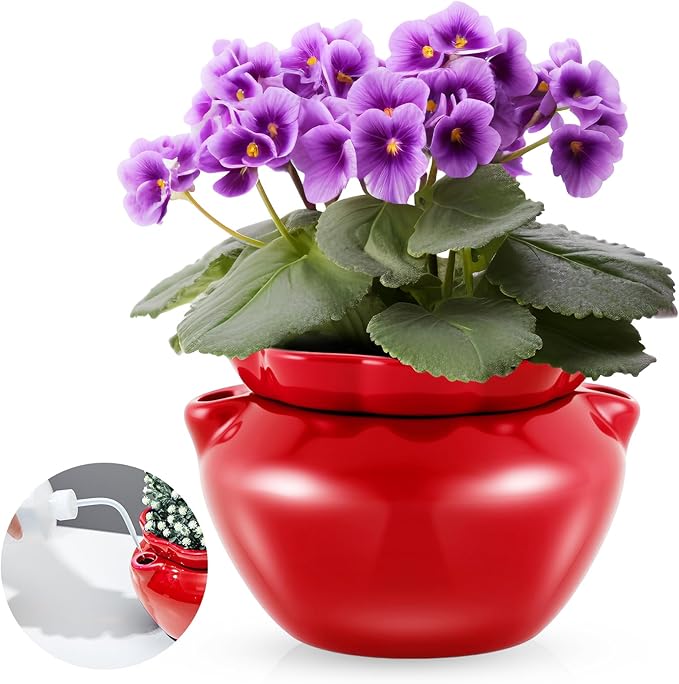 6.3 Inch African Violet Pots, Red Self Watering Pot for Indoor Plants, Ceramic Easy Plant Self Watering Pot for Thriving Plant Flower Maintenance