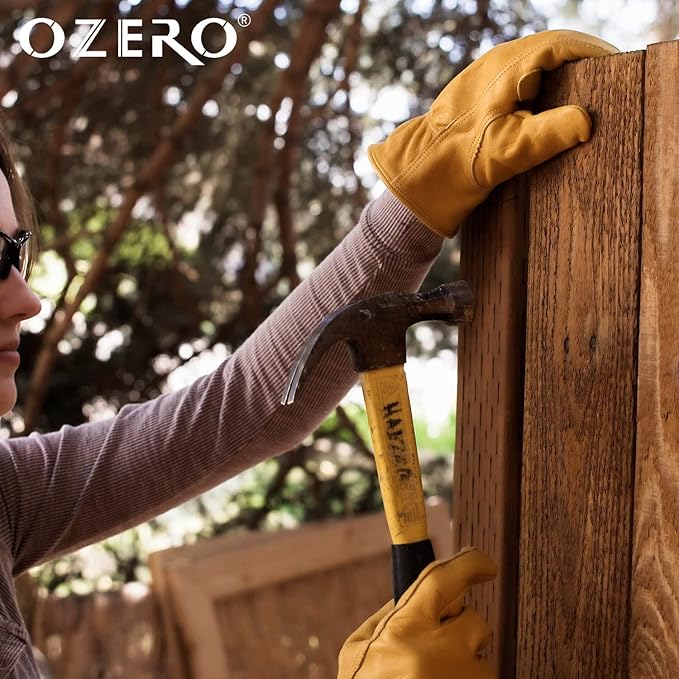 OZERO Gardening Work Gloves Men,1 Pair Insulated Heavy Duty Cut Resistant Thorn Proof Leather Cowhide Mens Women Mechanic Garden Gloves for Driving Welding-Large