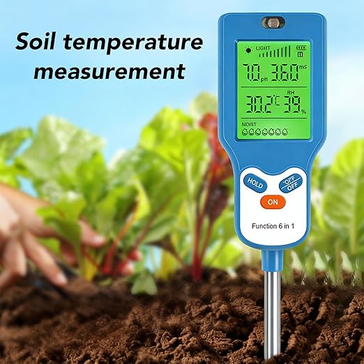 Naroote 6 in 1 Soil Meter, pH Temperature Humidity Light Fertility Tester for Yard Garden Greenhouse Planting, with Backlight LCD Screen and High Sensitivity Probe