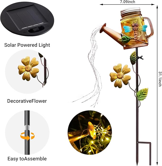 SRNPMIU Solar Watering Can Light, Yard Outdoor Decor Lights, IP65 Waterproof, Hanging Dragonfly Garden Light, Outside Garden Flower Bed Decor, Women Gift, Birthday Gifts