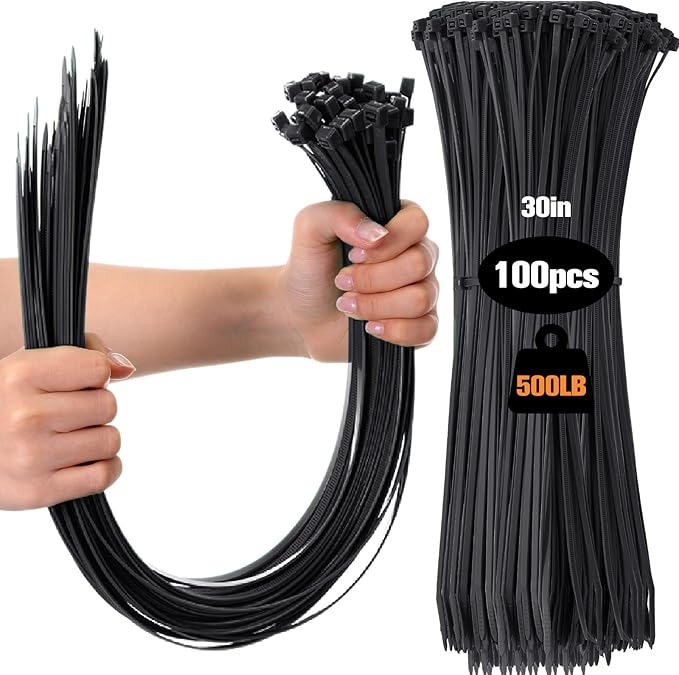 Nuanchu 100 Pcs 30 Inch Black Zip Ties Heavy Duty Cable Ties for Indoor and Outdoor Binding Fences, Awnings Tying, Branches Bundling of Crops