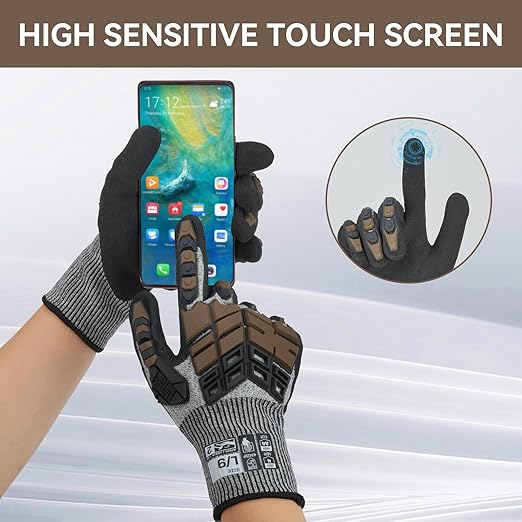 Safety Work Gloves, Impact Gloves for Men Women, Cut Resistant Non-Slip Heavy Duty Gloves with Nitrile Grip, Touch Screen Glove with Impact Protection for Mechanic Construction, X-Large, Brown