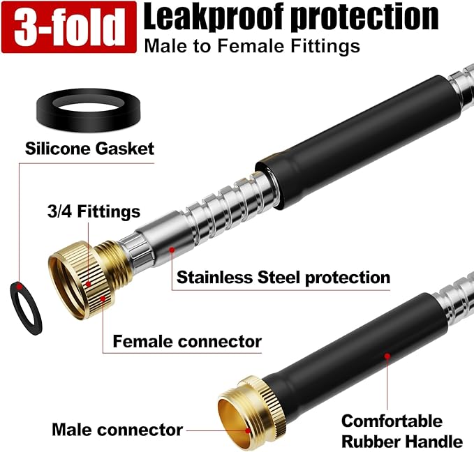 Garden Hose 25 ft, Stainless Steel Metal Water Hose with Nozzle, Flexible and Durable, Rust Proof, No-Kink, Heavy Duty, Leakproof 3/4'' Brass Fittings, Lightweight Hose for Patio, Lawn