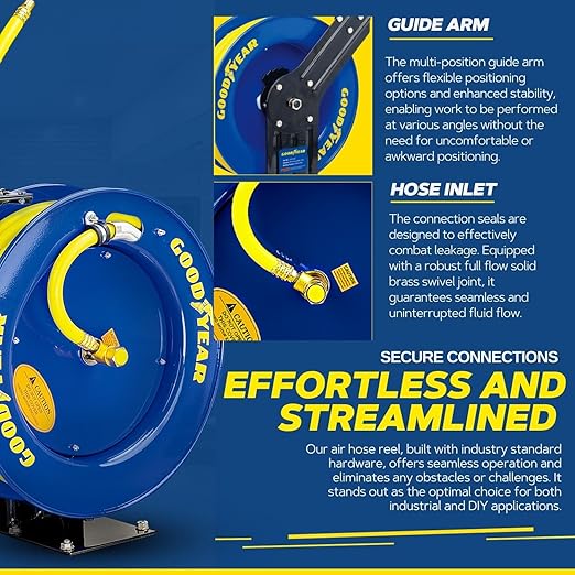 Goodyear Air Hose Reel Retractable 1/2" Inch x 65' Foot SBR Rubber Hose Max 300PSI Heavy Duty Industrial Steel Single Arm Construction