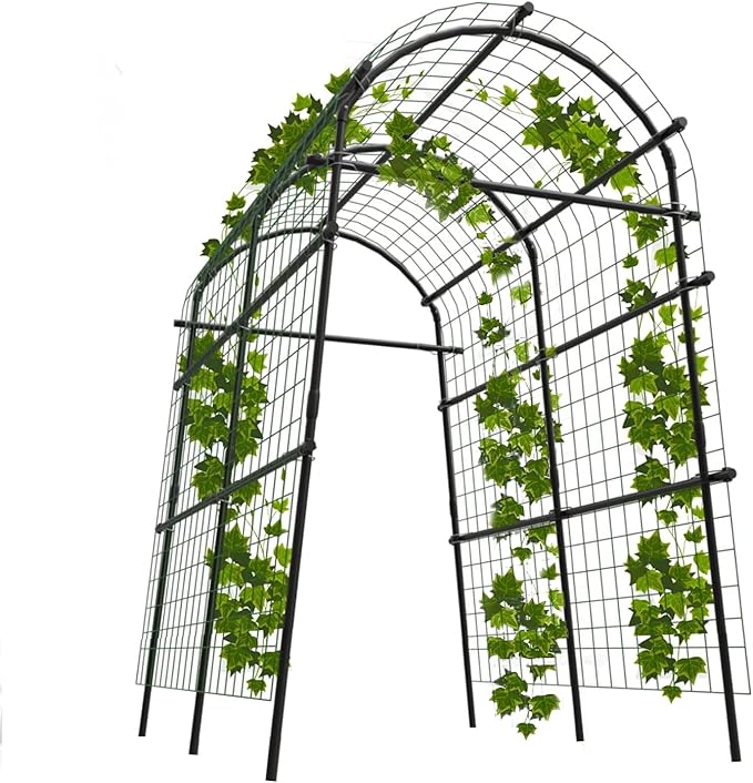 7.5FT Metal Garden Arch Trellis with Netting, Adjustable 35"–45" Arbor for Climbing Plants, Roses, Grapes & Vegetables, Weatherproof Steel Pergola with Ground Clips, Easy Fold-Out Assembly