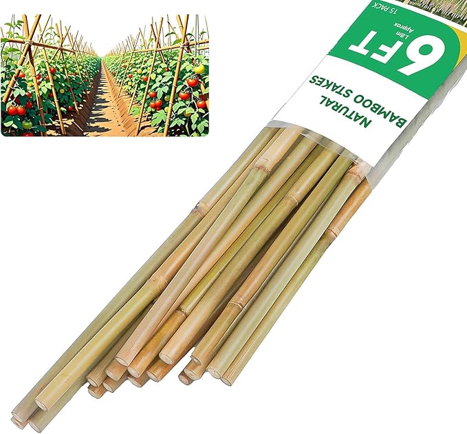 6ft Natural Bamboo Plant Stakes for Tomatoes, Beans, Flowers, Potted, Climbing Plants 15pcs