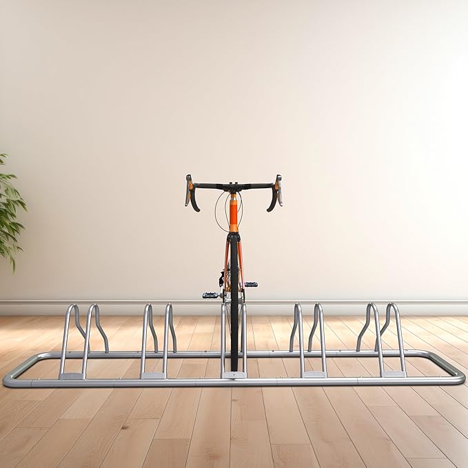 Simple Houseware 5-Bike Floor Storage Rack - Adjustable Bicycle Parking Stand & Garage Organizer for Road and Kids Bikes, Silver