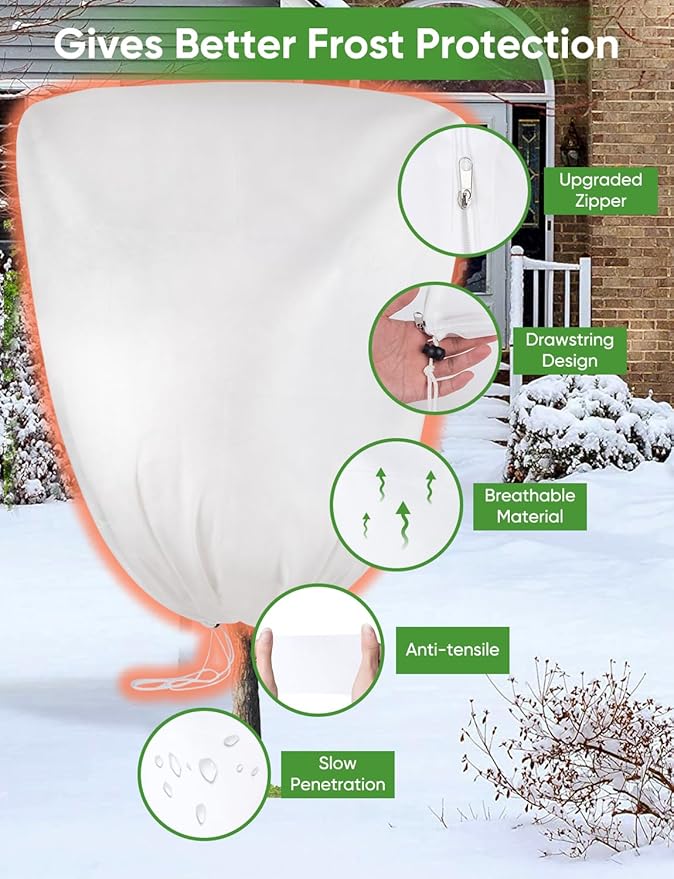 2 Packs Winter Plant Covers Freeze Protection - 90" H X63 W Extra Large Tree Anti-Freeze Covers Frost Cloth Warm Blankets, Plants Shrubs Protector Drawstring Bags Jacket (Thicken 3.2 oz/yd²)
