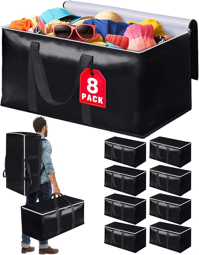 Heavy-Duty & Extra Capacity Moving Bags with Backpack Straps, Storage Totes with Double Zipper & Strong Handles, Packing Bags Alternative to Moving Boxes, Moving Supplies (8 Pack, Black)