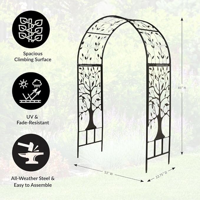 Plow & Hearth Arch Metal Outdoor Garden Arbor | Tree of Life | 83 Inches Tall | Black | Steel Trellis Lattice for Plants & Heavy Vines | Wedding | Outdoor Patio Décor