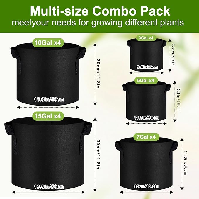20 Pack Mixed Size Grow Bags, Heavy Duty Thickened Fabric Pots Nonwoven Plant Bags with Handles, Breathable Plant Growing Containers Bags for Nursery Garden Fruit Vegetable Flower(3/5/7/10/15 Gal )