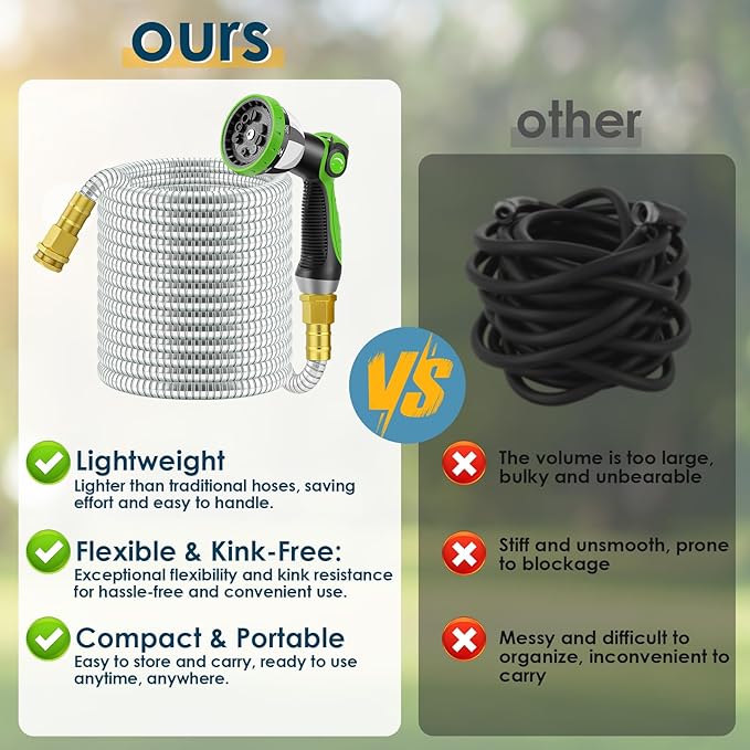 50 FT Stainless Steel Garden Hose with 10-Function Spray Nozzle, Kink-Free Flexible Metal Water Hose, Solid Brass 3/4'' Connectors, Heavy Duty, Durable, Leak-Proof, Lightweight, Tangle-Free