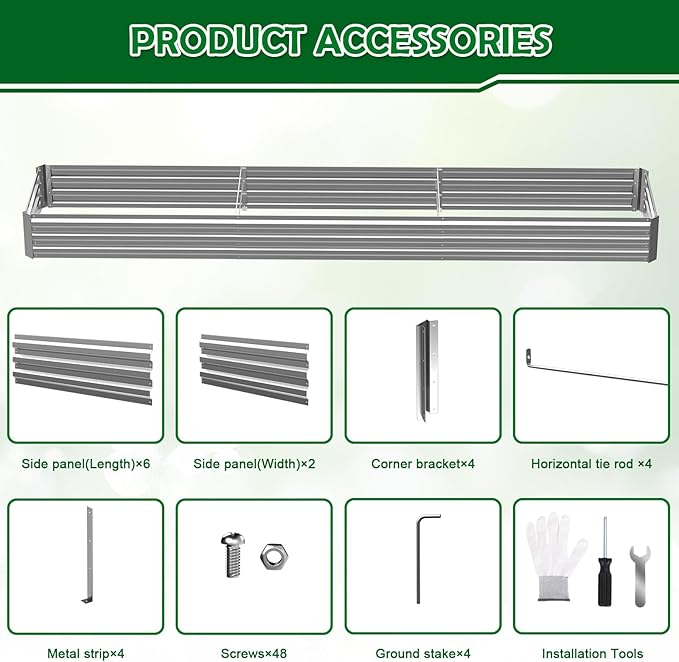 10x2x1FT Galvanized Raised Garden Bed Outdoor Patio, Large Rectangular Metal Planter Boxes,Plant Container Kit for Gardening, Vegetables, Flowers, Herbs,Silver,1 Pack