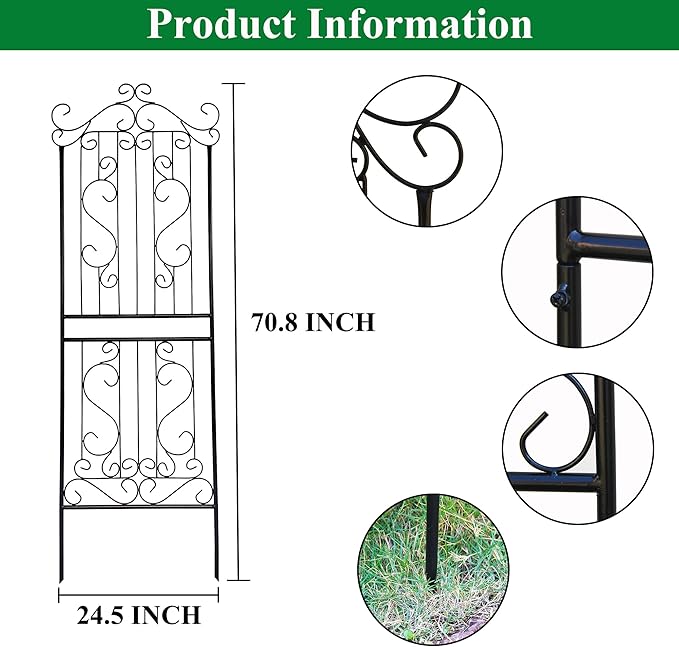 1 Pack 70.8" H x 24.5" W Garden Trellis for Climbing Plants Outdoor Metal Rustproof Roses Trellis Potted Vines Vegetables Flowers Wire Lattices for Ivy Cucumbers Clematis Black