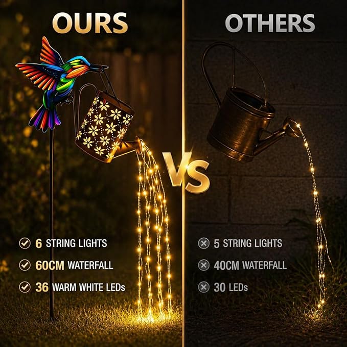 SSQPVEH Solar Watering Can Lights Outdoor, 30.7-Inch Metal Garden Stake Light with Hummingbird Hook, 36 LED Cascading Warm White Waterfall Light for Yard, Lawn, Patio, Garden Decor Gift for Mom