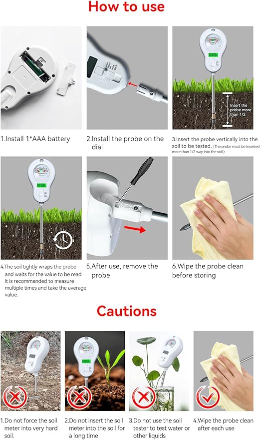 6-in-1 Soil Moisture Meter, pH Tester, Soil Moisture, Fertility, Sunlight, Temperature, Humidity, with Detachable Probe, for Agriculture, Gardening, and Outdoor Plants (Include 3* Detachable Probes)