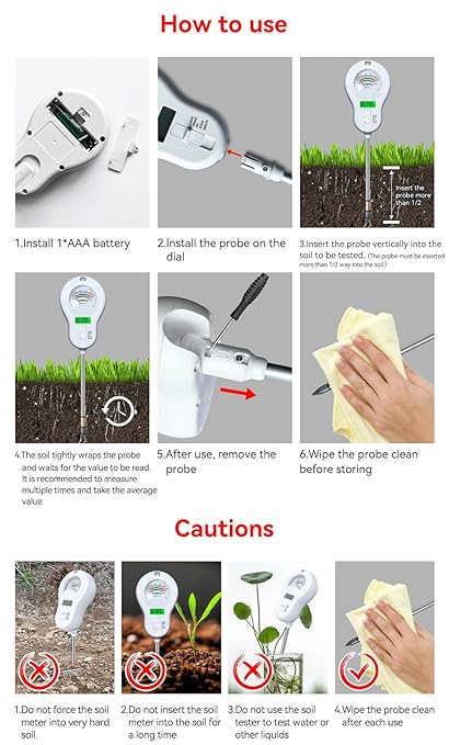 6in1 Multi-Function Soil Moisture Meters Tester Temperature/PH/Humidity/Moisture/Sunlight/Fertility Meter Soil Testing Analyzer Kit for Plants Farms Gardens Lawns Indoor Outdoor Plant Care