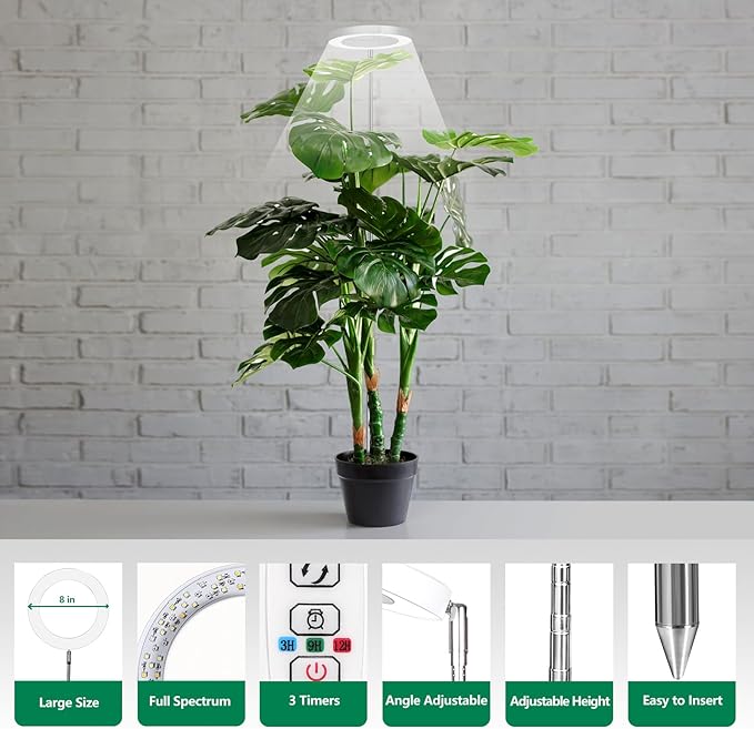 WaterRebirth 8 inch LED Grow Light for Indoor Plants, Full Spectrum Halo Plant Light with 3/9/12H Auto Timer, 10-Level Dimmable, Height Adjustable for Tall Plants