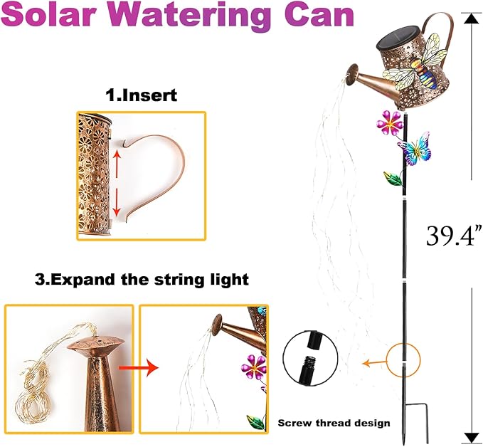 Solar Watering Can with Lights Outdoor Garden, 41in Large Bee Garden Stake Lights, Waterproof Decoration for Yard Lawn Pathway, for Mom Grandma Women Birthday Gardening Gift