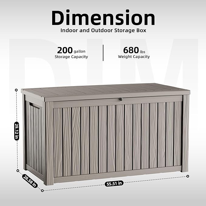 ROJIK 200 Gallon Waterproof Outdoor Deck Storage Box, Lockable Resin Patio Storage Bin with Lid for Garden Tools, Patio Cushions & Outdoor Accessories(Grey)