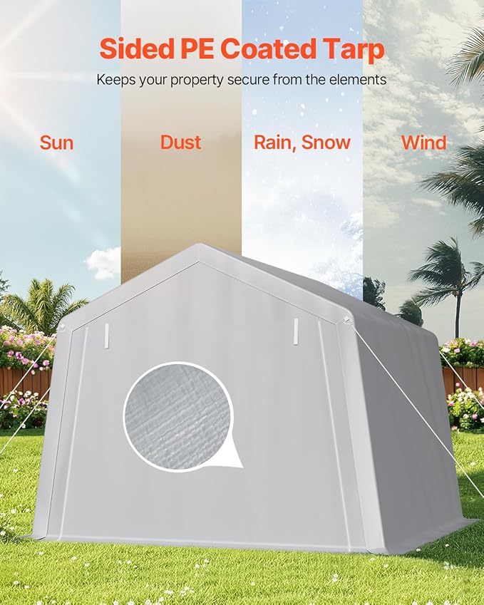 VEVOR Portable Shed Storage Shelter Outdoor, 10x10x8.5 ft Heavy Duty Instant Storage Tent Tarp Sheds with Roll-up Zipper Door and Ventilated Windows for Motorcycle, Bike, Garden Tools