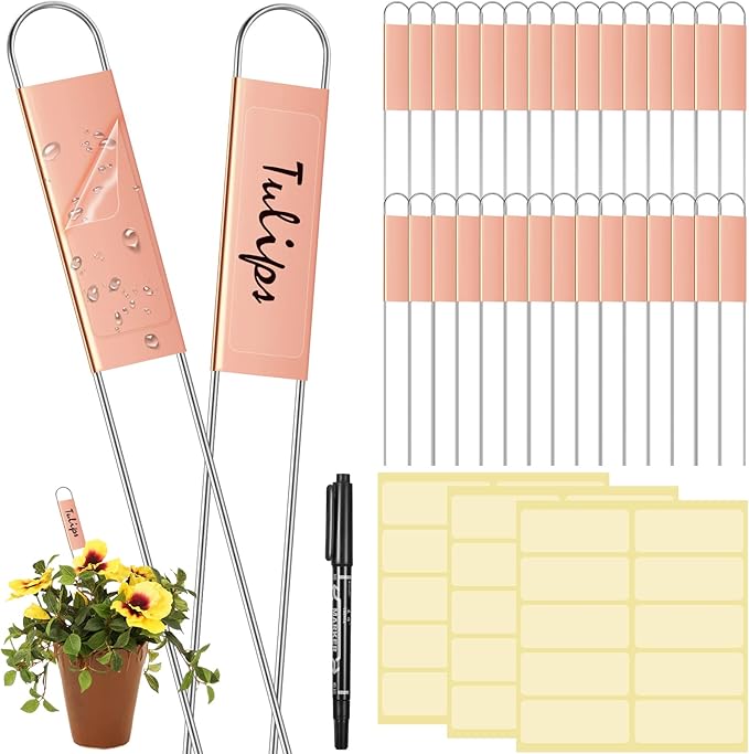 LEIFIDE 61 Pieces Metal Plant Tags Kit, 30 Pcs Copper Metal Plant Labels, 30 Rainproof PET Films, 1 Marker Pen, Reusable Garden Markers Nursery Tags(U Shape)