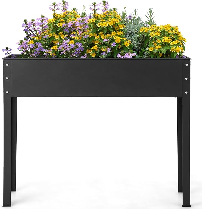 Giantex Raised Garden Bed, Metal Planter Box with Legs, Drain Hole, Outdoor Indoor Elevated Garden Box for Vegetable Flower Herb Fruit, Standing Raised Beds for Backyard Porch Balcony Black