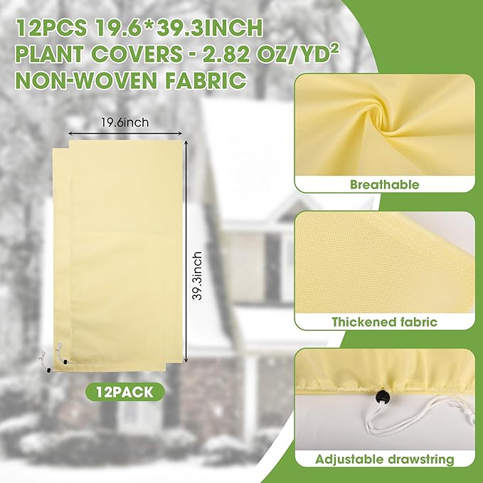 12 Pcs Plant Covers Freeze Protection, 2.82oz/yd² Heavy Duty Frost Cloths 19.6x39.3 Inch with Drawstring, Reusable Winter Shrub Cover for Outdoor Rose Bush, Potted Plants
