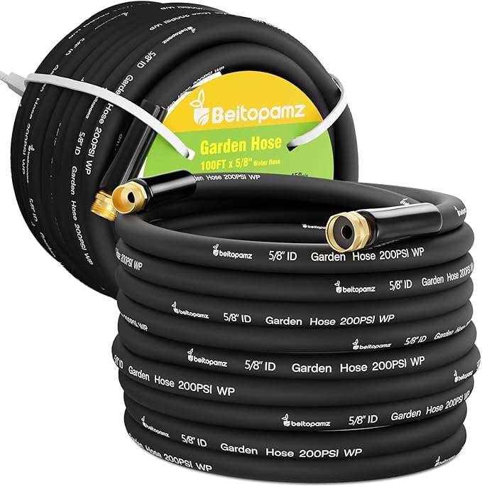 200 ft Garden Hose, 5/8 in Heavy Duty Water Hose, Flexible and Durable, Lightweight Rubber Hybrid Hose, Leak-Free Connections, Male to Female 3/4'' Brass Fittings for Patio, Lawn, Black