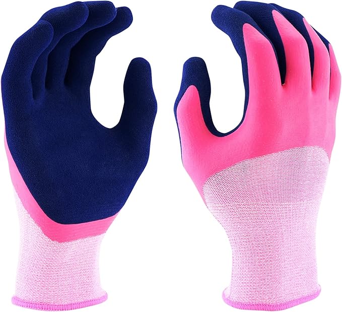 Miracle Gro Women's Double Dipped Sandy Foam Latex Gardening Work Gloves, Water Resistant, Excellent Grip Pink/Purple, Medium