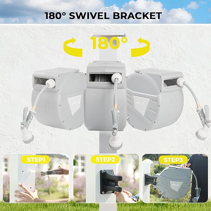 Retractable Garden Hose Reel,1/2 in x 100ft Wall Mounted Hose Reel, Optional Position Lock，Slow-Retract System，Wall Mounted，180°Swivel Bracket，Light Grey