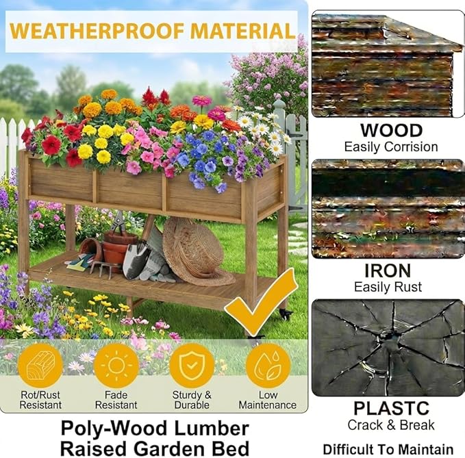 DWVO 47x18x31in Raised Garden Bed Outdoor HDPE with Legs and Lockable Wheels, Weather-Resistant Poly-Wood Elevated Planter Box, Herb Garden Bed for Backyard Patio Balcony, Brown