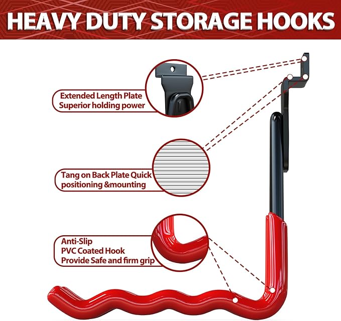 Slatwall Hooks 14PC, Slatwall Accessories, Slat Wall Hanging Hooks and Hangers 5 Sizes with Extension Cord Organizer, Proslat Accessories for Organizing Garden Tools(red)