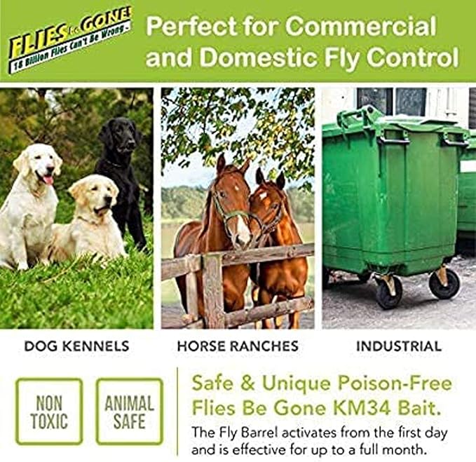 Flies Be Gone Fly Trap - Disposable Protein-Powered Attractant Fly Catcher - Made in USA - Natural Attractant Trap for Patios, Ranches. Easy to Use Outdoor Trap, Helps Manage Fly Populations Outdoors