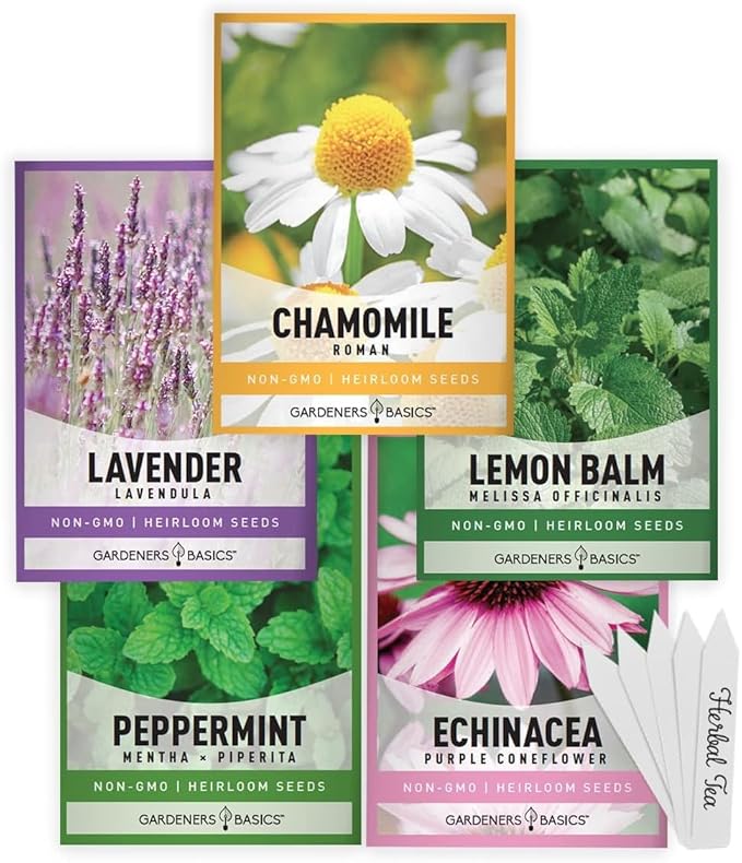 Tea Growing Kit - Includes Medicinal Lavender, Chamomile, Lemon Balm, Peppermint and Echinacea Heirloom Garden Seeds, Grow Pots, Soil, Plant Markers, Indoor Herb Kit Outdoor Tea Garden Kit