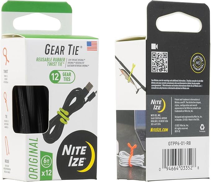 Nite Ize Original Gear Tie - 6-Inch Reusable Rubber Twist Tie - Reusable Gear Ties - Electric Cord Organizers - Twist Ties for Cords - Reusable Zip Ties - Black, 6-Inch, 12 Pack