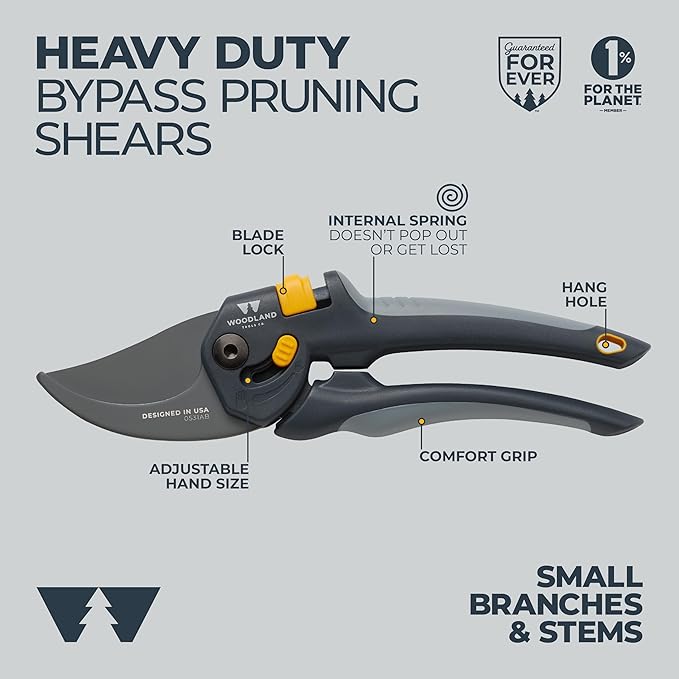 Woodland Tools Co. Heavy Duty Bypass Pruning Shears – 5/8" Cut Capacity, High Carbon Steel Blade, Internal Spring, Adjustable Grip Slider, Garden Hand Pruner for Plants, Shrubs, and Live Stems