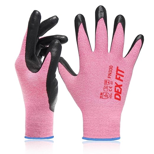 DEX FIT Nitrile Work Gloves FN330, 3 Pairs, 3D-Comfort Stretchy Fit, Firm Grip, Thin & Lightweight, Touch-Screen Compatible, Durable, Breathable & Cool, Machine Washable; Pink XS (6)
