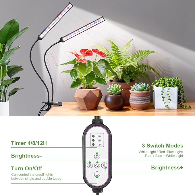 Indoor Clip-on Plant Growth Light, Full Spectrum Grow Light with 156 LEDs, Flexible Gooseneck and 4/8/12H Timer, 3 Spectral Modes, 10 Levels of Dimming, Suitable for Seedlings and Succulent Seeds