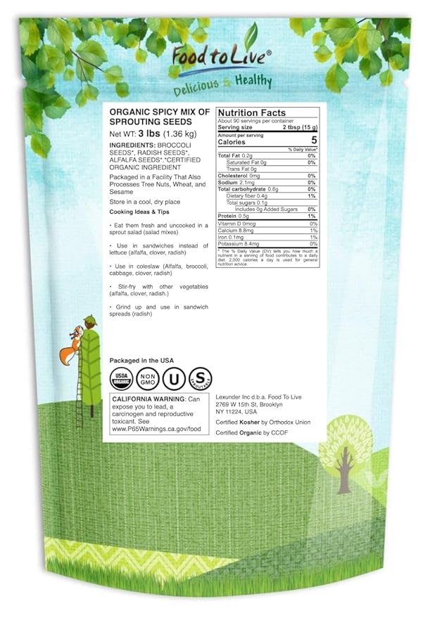 Food to Live Organic Spicy Mix of Sprouting Seeds, 3 Pounds — Non-GMO Broccoli, Radish, Alfalfa, Raw, Rich Germination Rate, Non-Irradiated, Pure, Kosher, Vegan Superfood, Bulk, Rich in Sulforaphane