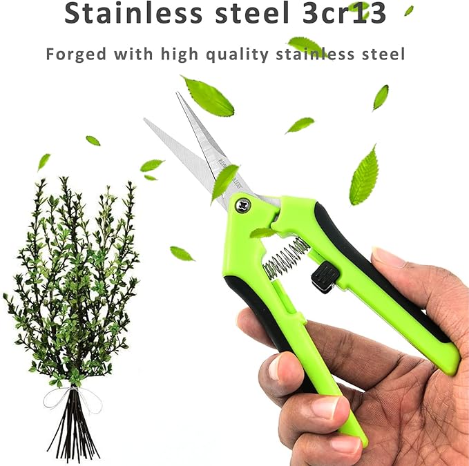 Green Micro Tip Garden Shears for Precise Trimming - Lightweight, Stainless Steel Hand Pruners, Flower Trimmers, and Bonsai Snippers