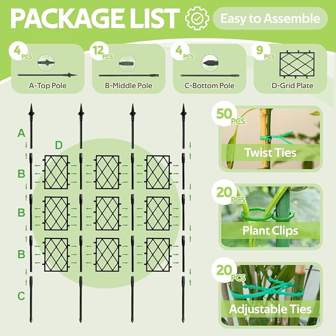 Garden Trellis for Climbing Plants Outdoor - 65" PE-Coated Metal Pipes & Plastic Grids Rose Wall Trellis Frame - Sturdy Privacy Screen Plant Support Fence for Flowers Vines Vegetables