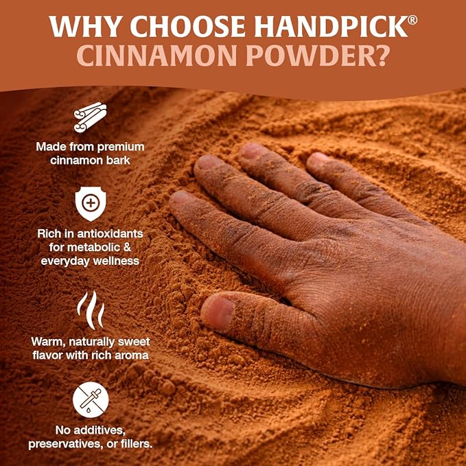 HANDPICK, Cinnamon Powder (397g/14oz) Non GMO, Gluten Free, 100% Raw, Sourced from South India, For Cooking, Smoothies, Lattes, Tea, Packed in Resealable Ziplock Pouch